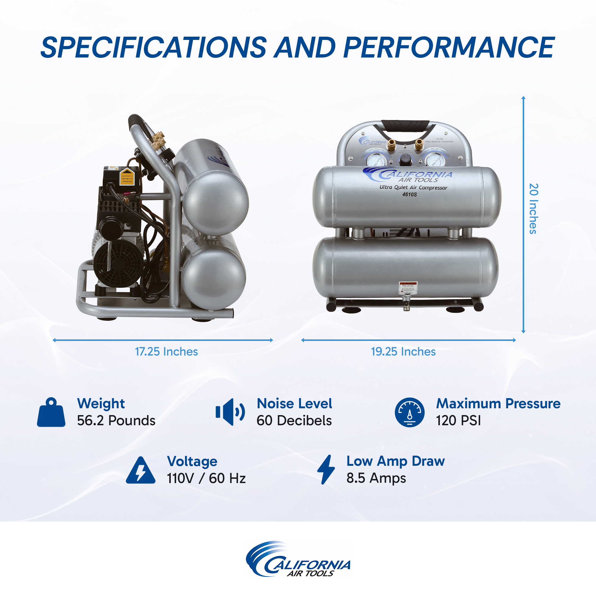 CALIFORNIA AIR TOOLS 4610AC Ultra Quiet 1.0 Hp, Oil-Free, Lightweight Aluminum 4.6 Gallon Air Compressor