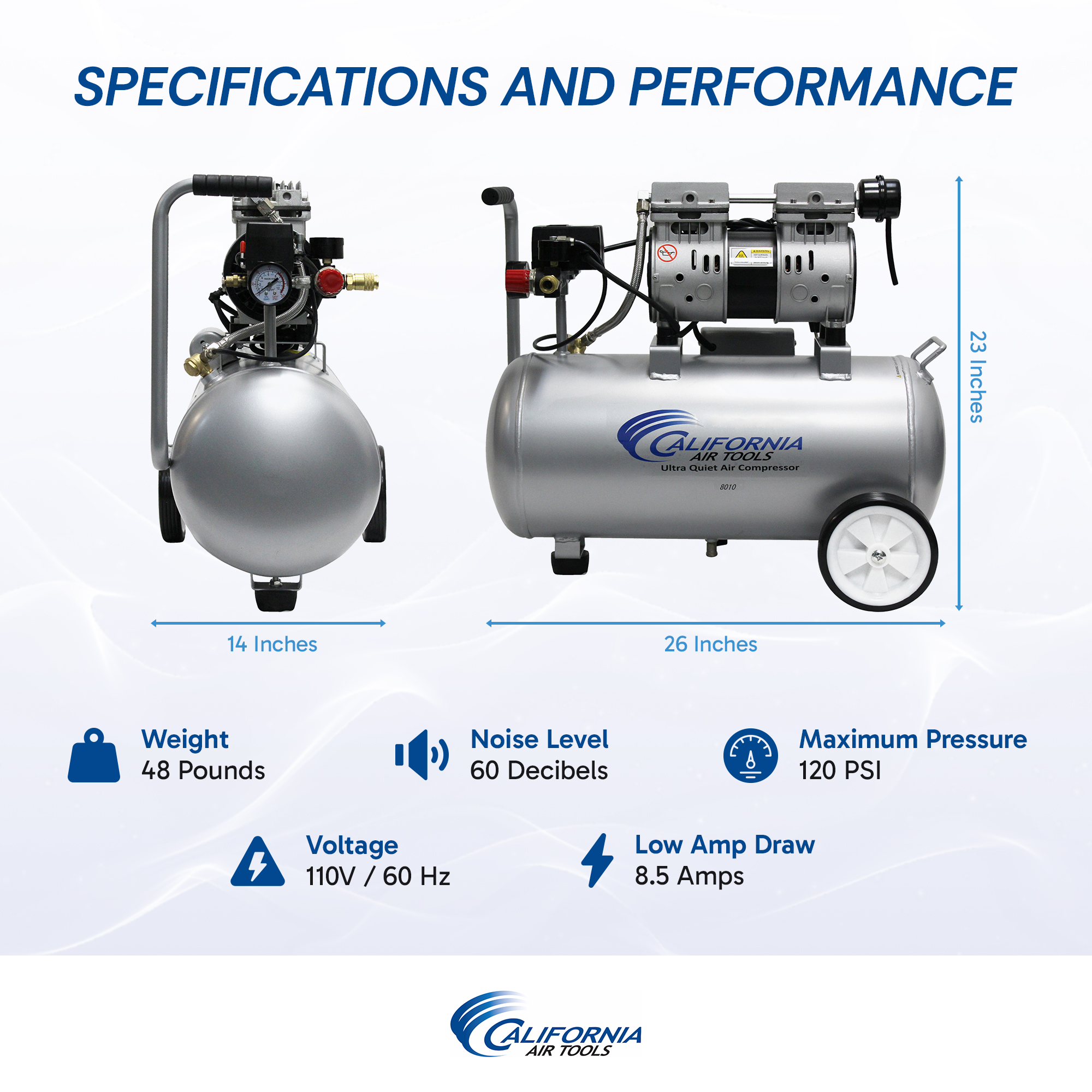 CALIFORNIA AIR TOOLS 8010 Ultra Quiet 1.0 Hp, Oil-Free, Lightweight 8-Gallon Air Compressor 9