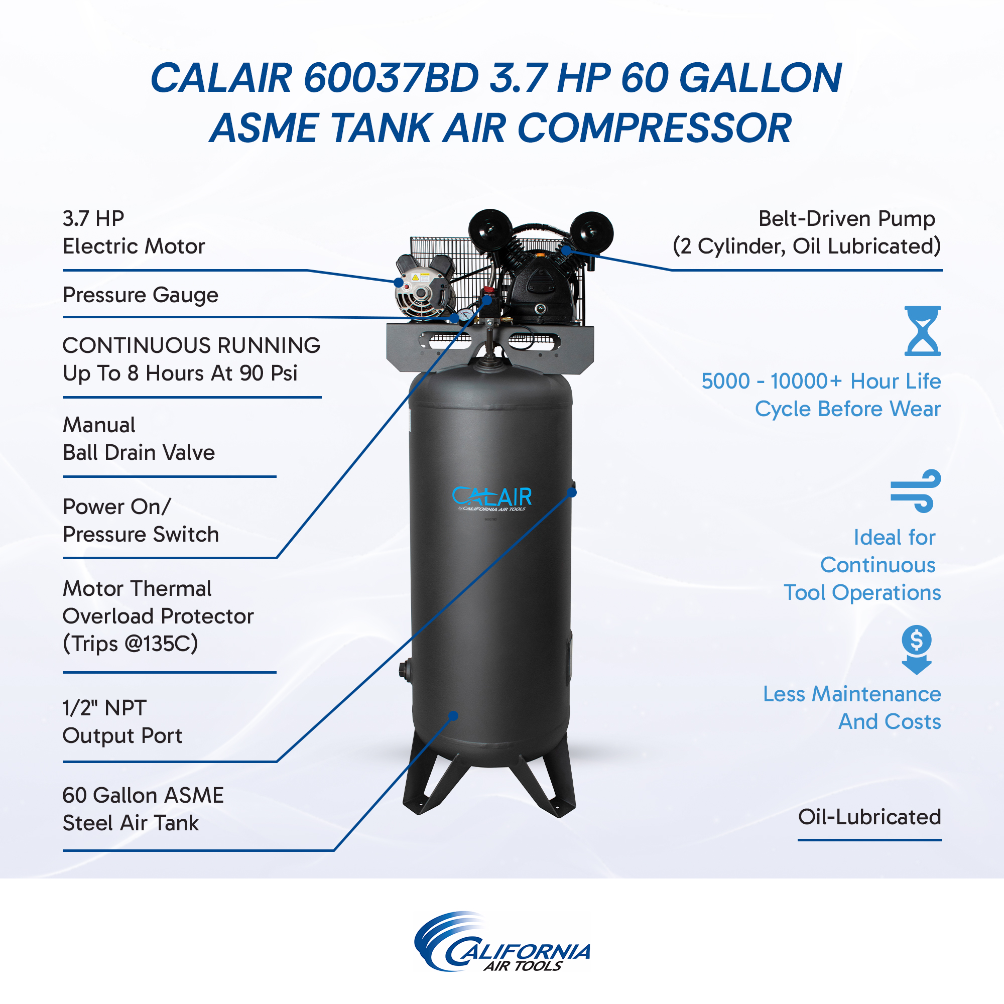 California Air Tools CALAIR 60037BD 60 Gal 3.7 hp One-Stage Oil-Lubricated Belt Driven Air Compressor