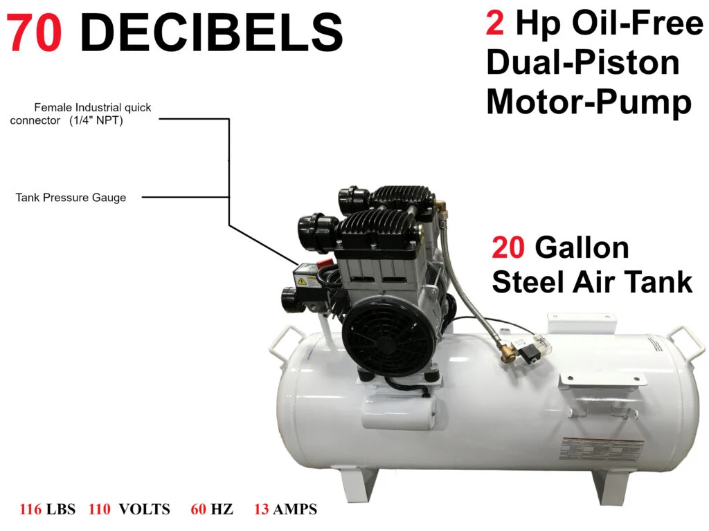 CALIFORNIA AIR TOOLS 20020CTR Ultra Quiet 70 dB, Powerful 2.0 Hp 20-Gallon Horizontal Oil-Free Air Compressor (110v 60hz)