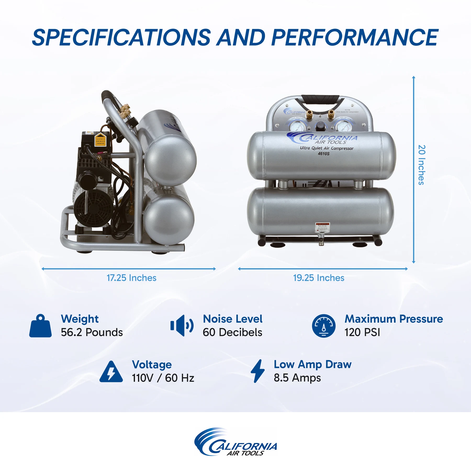 CALIFORNIA AIR TOOLS 4610S Ultra Quiet 1.0 Hp, Oil-Free, Lightweight 4.6 Gallon Air Compressor 4
