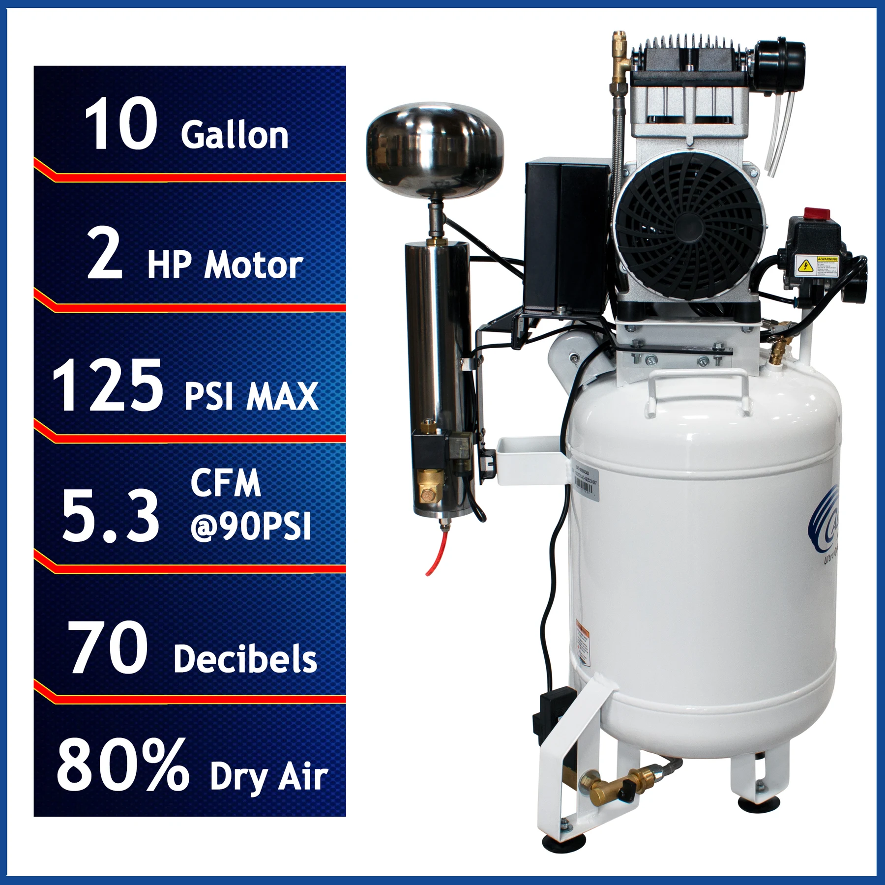 CALIFORNIA AIR TOOLS 10020DCAD Ultra Quiet 2.0 Hp Oil-Free 10 Gallon Air Compressor with 80% Air Dryer and Auto Drain, 110v 60hz