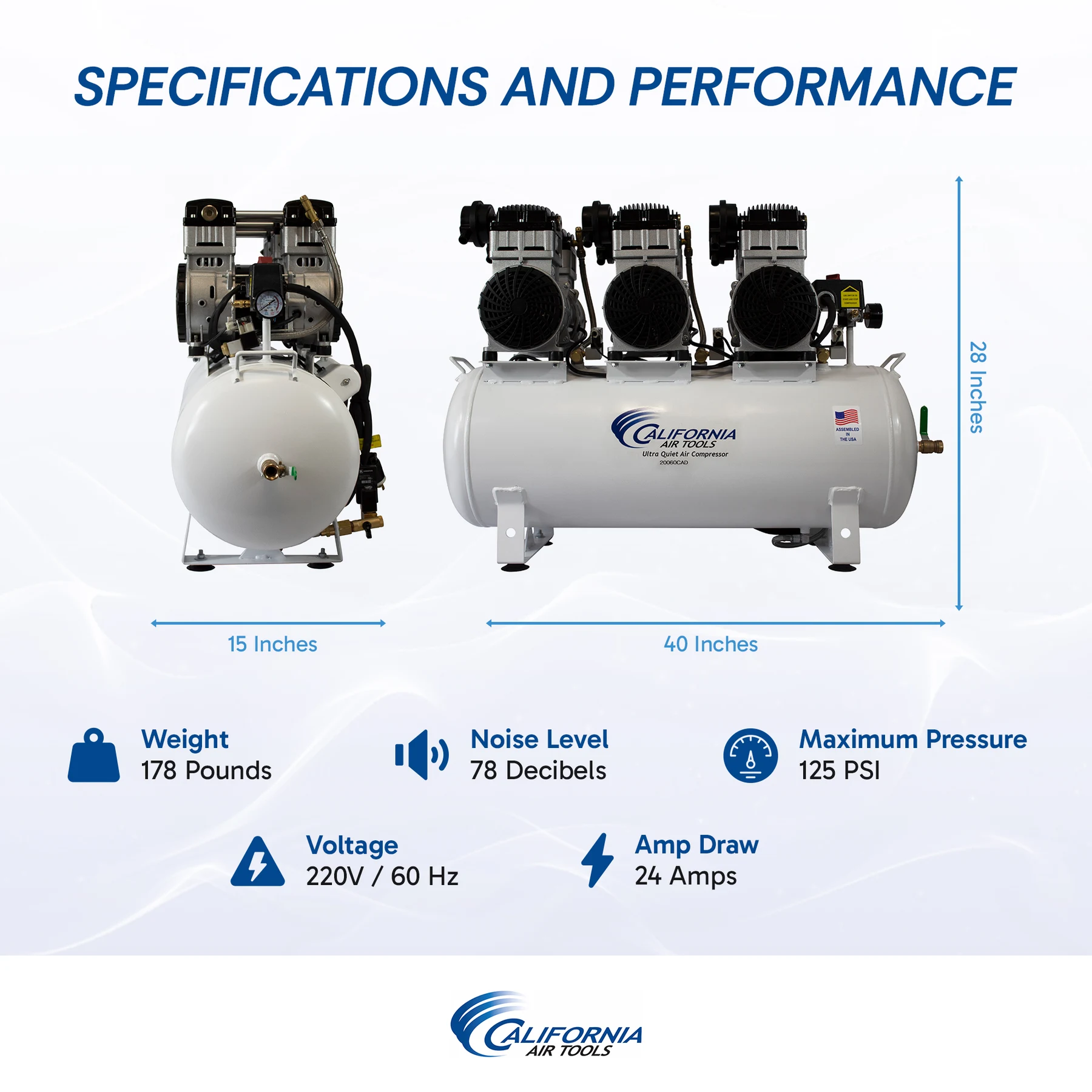 CALIFORNIA AIR TOOLS 20060CAD Powerful 6.0 Hp Ultra Quiet & Oil-Free 20 Gallon Air Compressor with Automatic Drain Valve 12