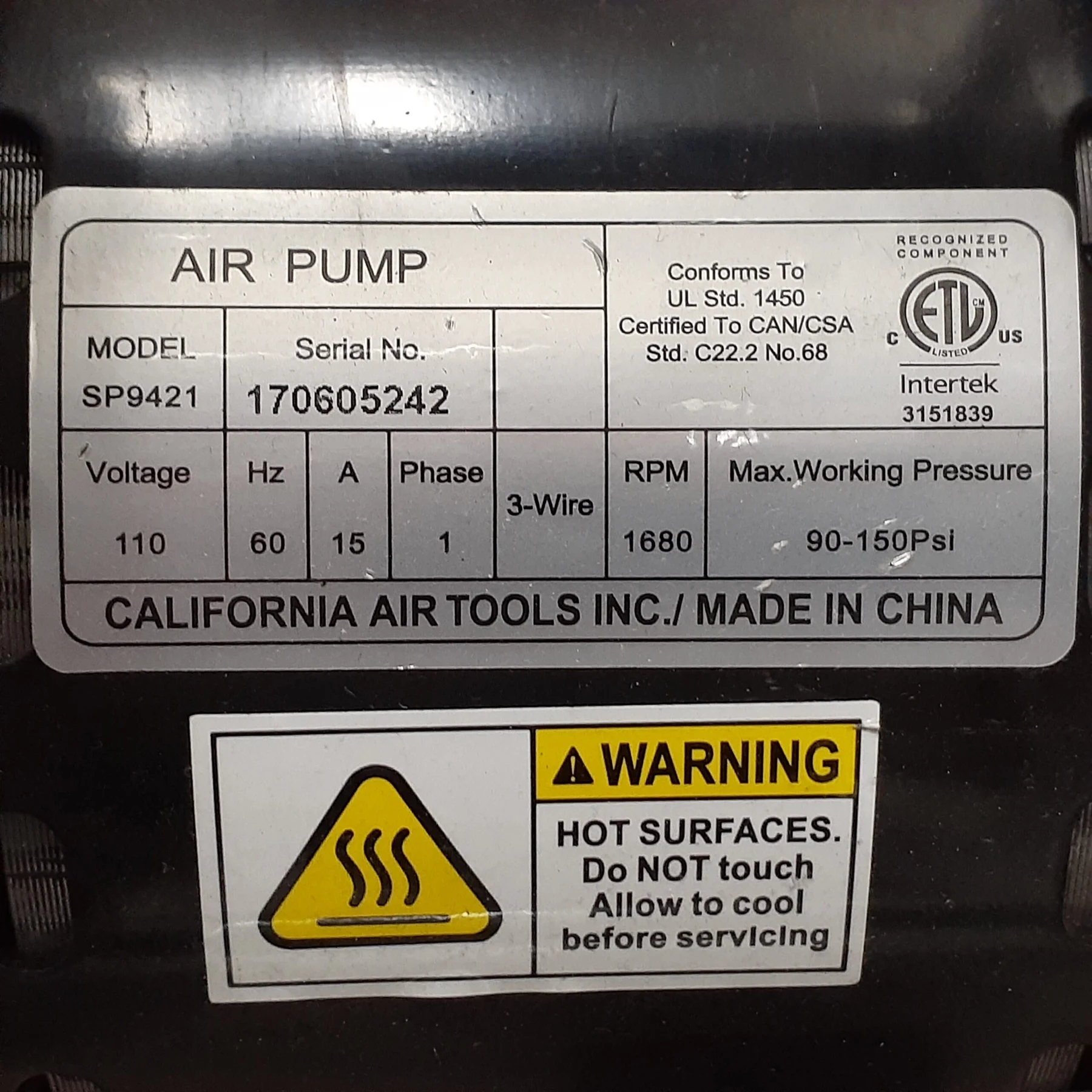 CALIFORNIA AIR TOOLS SP-9421 (110v 60hz) 2.0 Hp Ultra Quiet & Oil-Free Pump/Motor 10