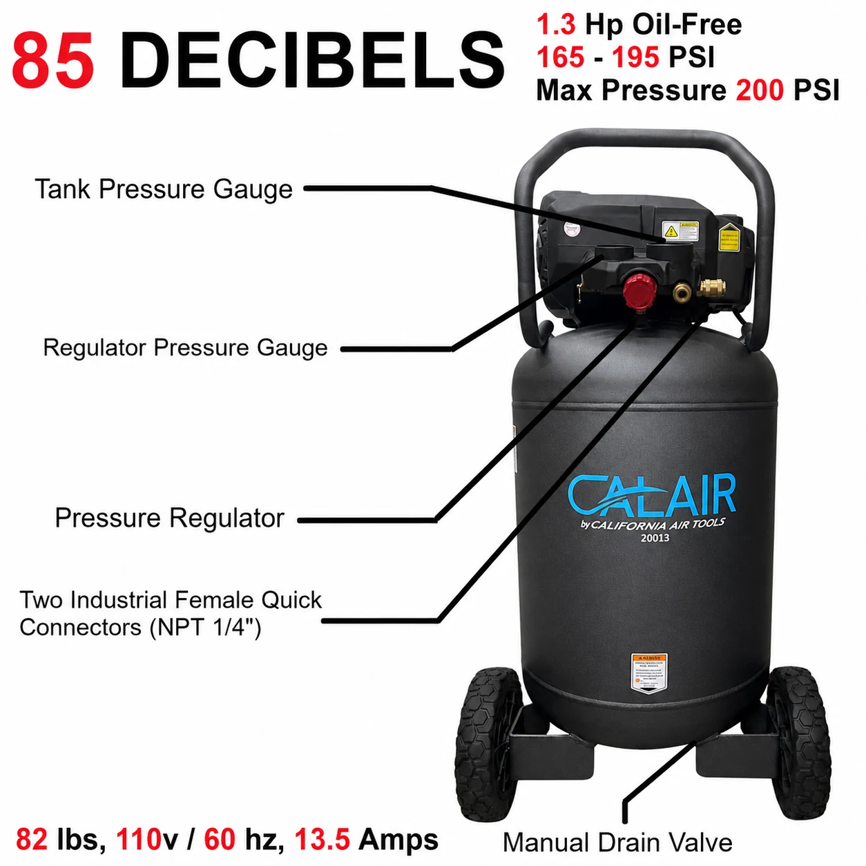California Air Tools CALAIR-20013 High Pressure 20 Gallon 1.3 Hp Air Compressor 2