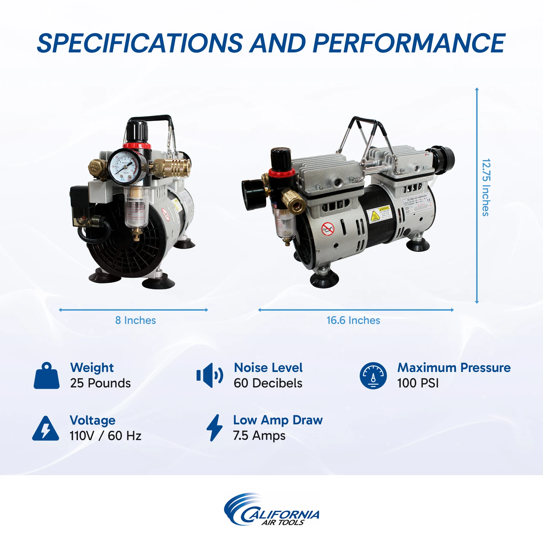 CALIFORNIA AIR TOOLS 10TL Ultra Quiet 1.0 Hp, Oil-Free, Lightweight Tankless Air Compressor 10