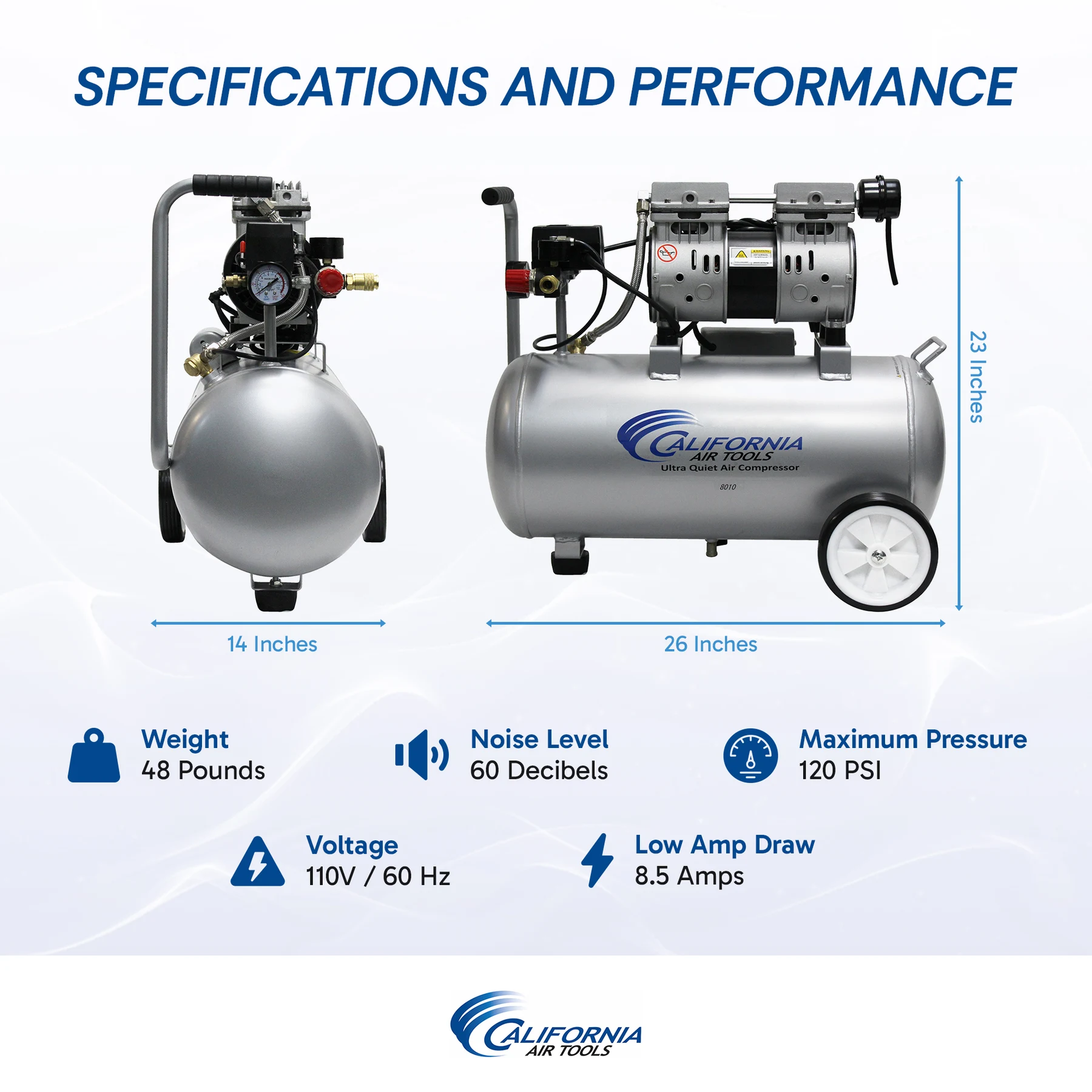 CALIFORNIA AIR TOOLS 8010 Ultra Quiet 1.0 Hp, Oil-Free, Lightweight 8-Gallon Air Compressor 7