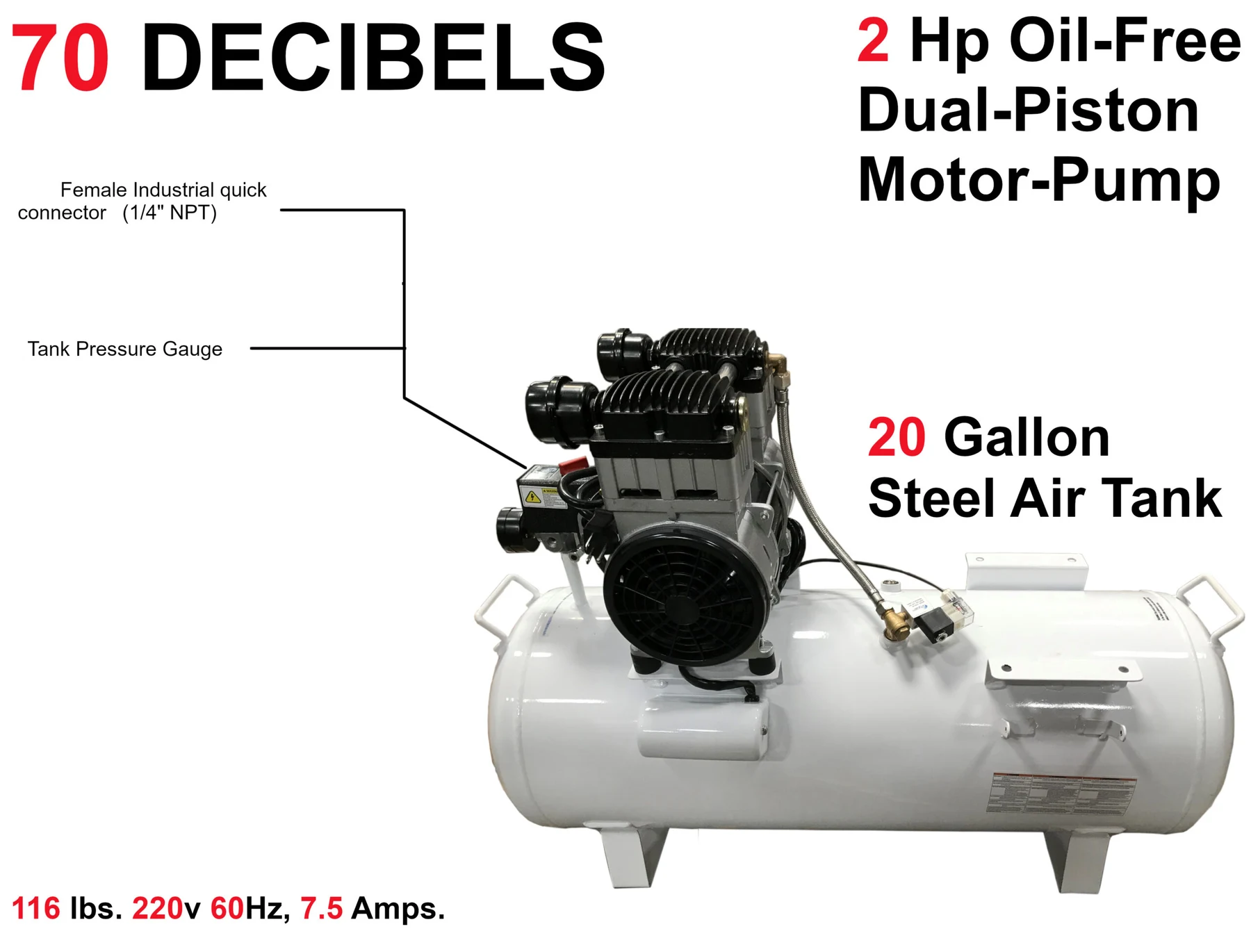 CALIFORNIA AIR TOOLS 20020CTR-22060 Ultra Quiet 70 dB, Powerful 2.0 Hp 20-Gallon Horizontal Oil-Free Air Compressor (220v 60hz) 12