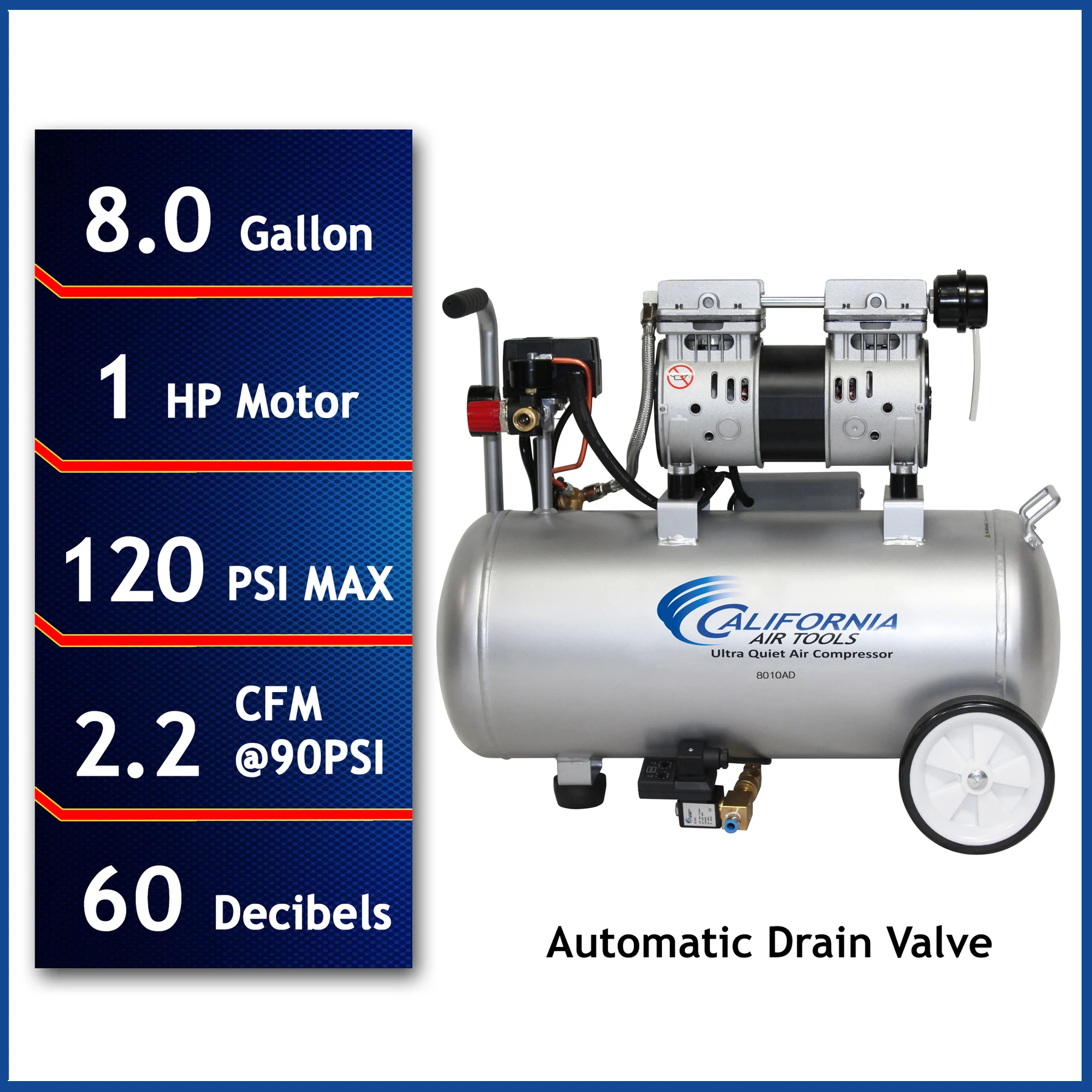 CALIFORNIA AIR TOOLS 8010AD Ultra Quiet, Oil-Free, Lightweight 1.0 Hp 8-Gallon Air Compressor with Automatic Drain Valve
