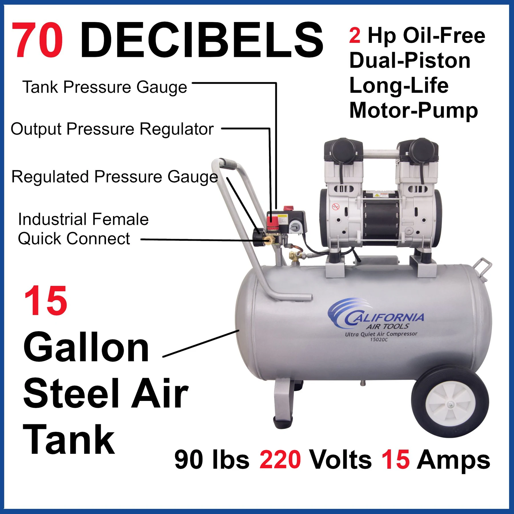 CALIFORNIA AIR TOOLS 15020C-22060 Ultra Quiet, Oil-Free and Powerful 2.0 Hp 15-Gallon Air Compressor 14