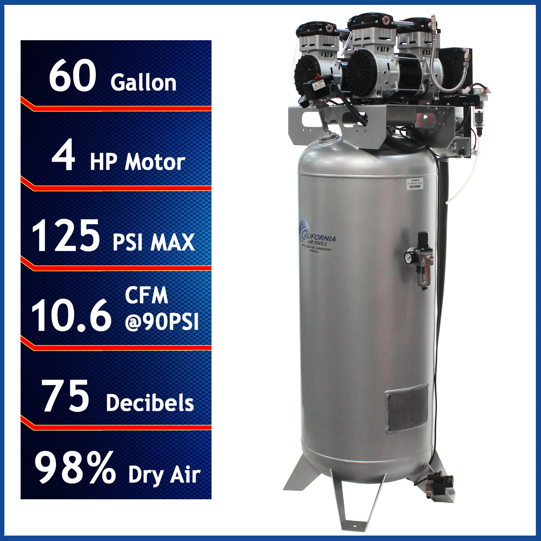CALIFORNIA AIR TOOLS 60040DCADC Powerful 4.0 Hp Ultra Quiet, Ultra Dry & Oil-Free Air Compressor with 98% Drying System and Automatic Drain Valve