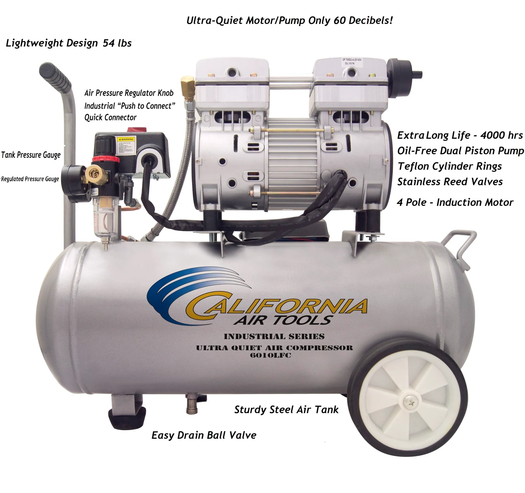 CALIFORNIA AIR TOOLS 6010LFC Ultra Quiet 1.0 Hp, Oil-Free, Lightweight 6-Gallon Air Compressor (Industrial Series) 6