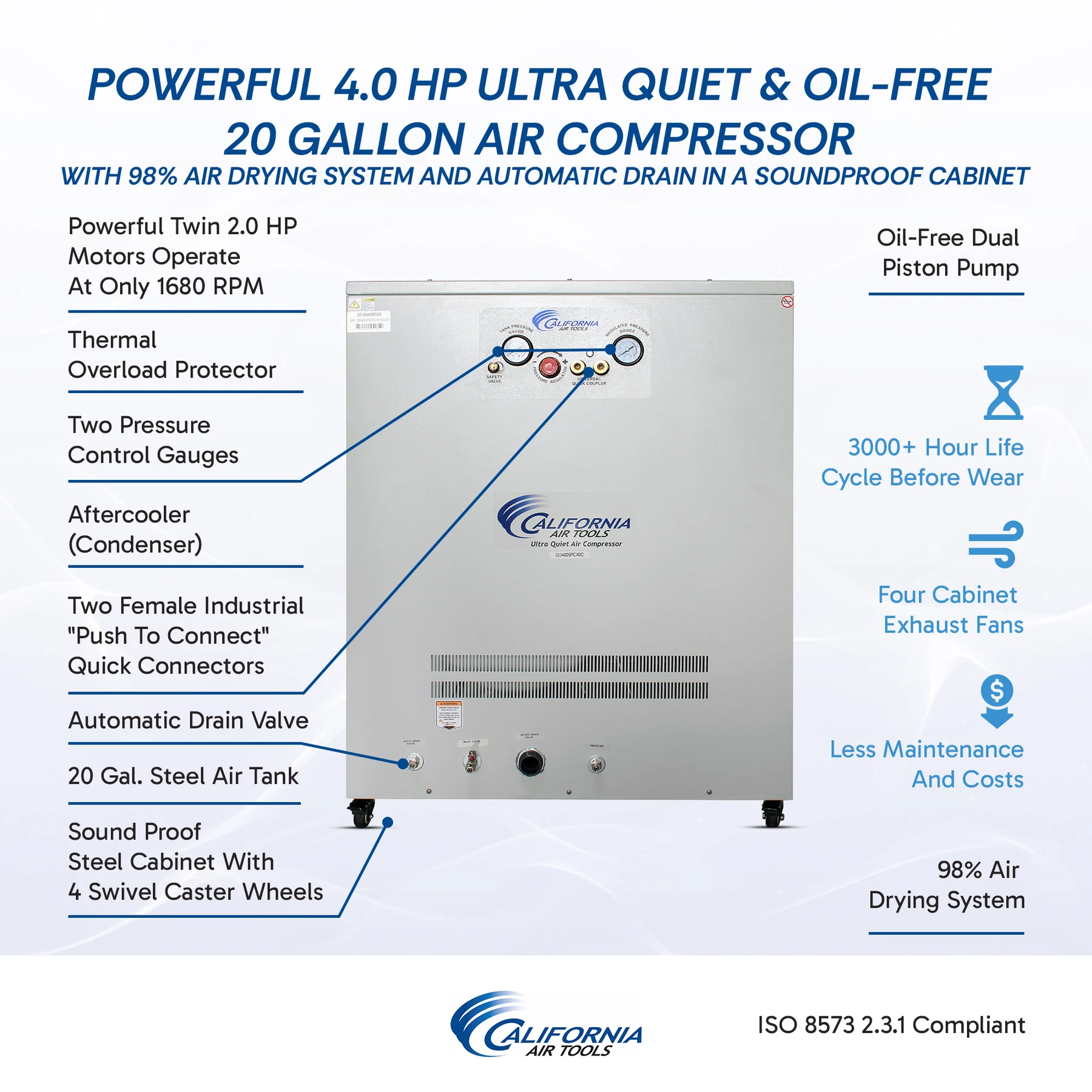 CALIFORNIA AIR TOOLS 20040DSPCADC Powerful 4.0 Hp Ultra Quiet & Oil-Free Air Compressor with 98% Air Drying System and Automatic Drain in a Soundproof Cabinet 18
