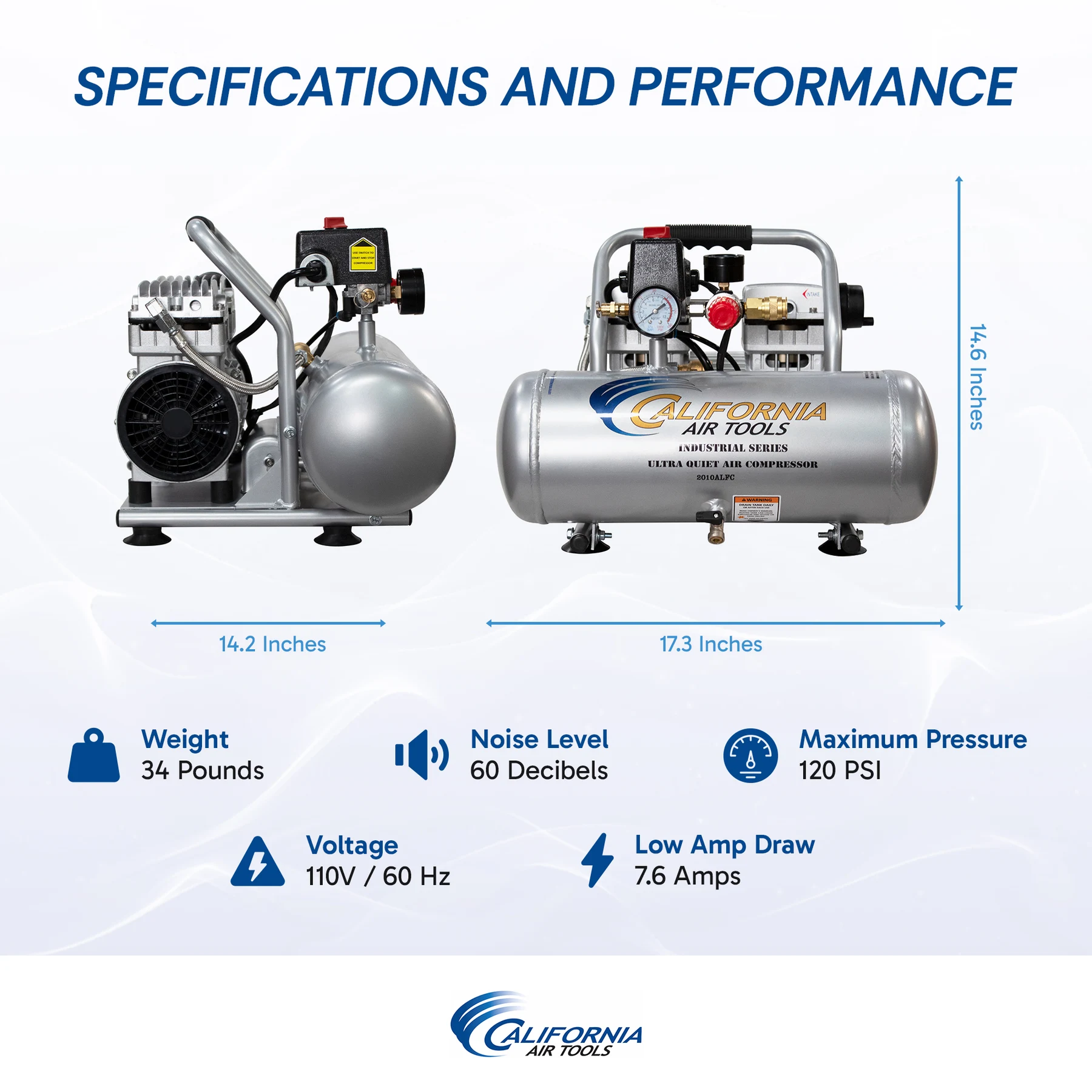 CALIFORNIA AIR TOOLS 2010ALFC Ultra Quiet 1.0 Hp, Oil-Free, Lightweight 2-Gallon Air Compressor (Industrial Series) 8