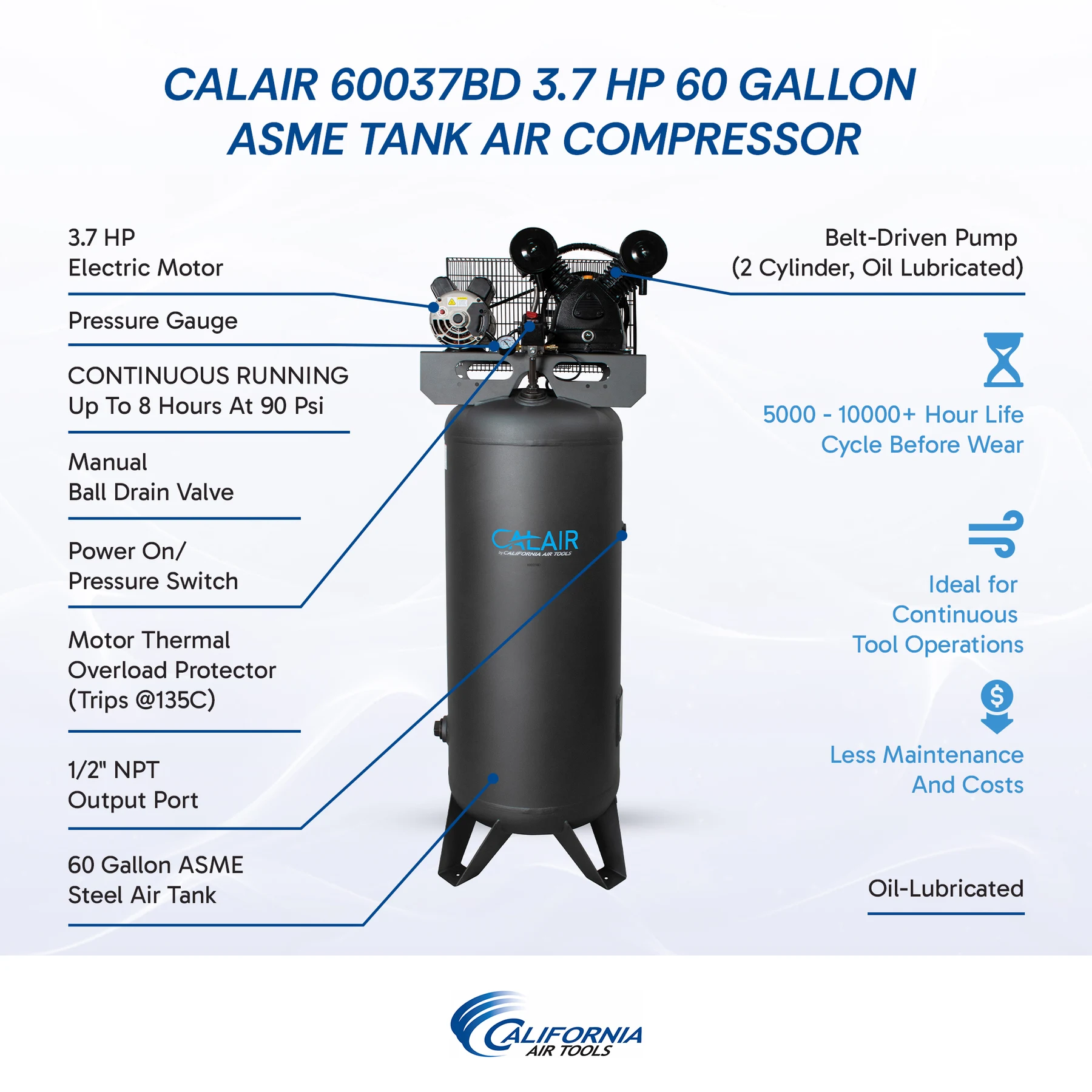 California Air Tools CALAIR 60037BD 60 Gal 3.7 hp One-Stage Oil-Lubricated Belt Driven Air Compressor 5