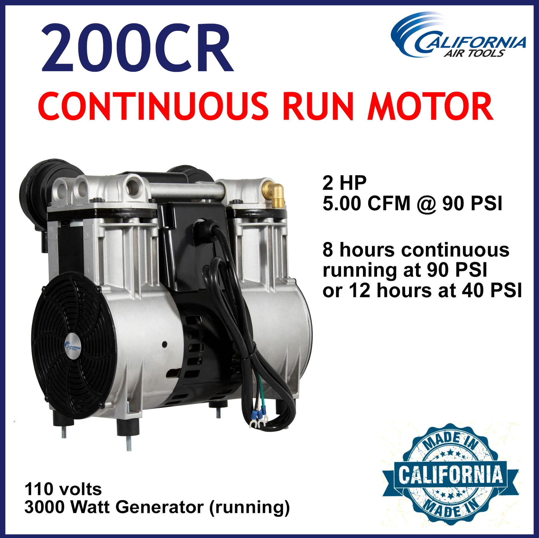 CALIFORNIA AIR TOOLS 200CR Continuous Run Ultra Quiet Oil-Free 2.0 Hp Motor/Pump (100% Duty Cycle) 8