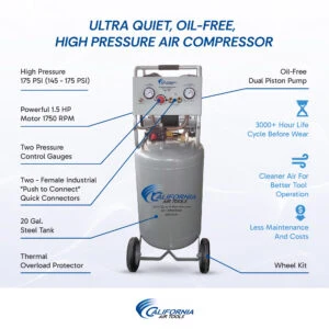 CALIFORNIA AIR TOOLS 20015HP Ultra Quiet, Oil-Free 1.5 Hp High Pressure Air Compressor