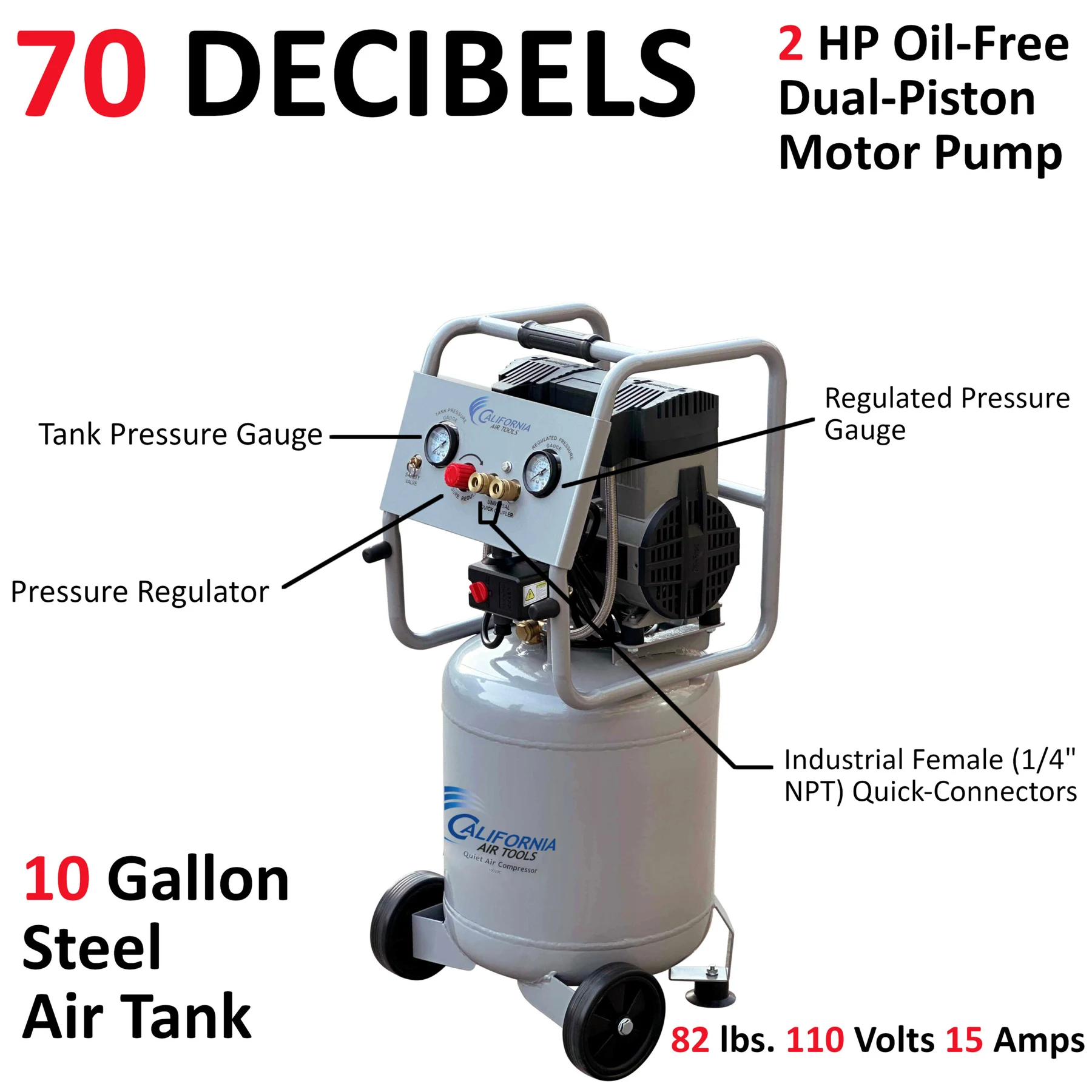 CALIFORNIA AIR TOOLS 10020C Ultra Quiet Oil-Free Powerful 2.0 Hp 10 Gallon Air Compressor 10