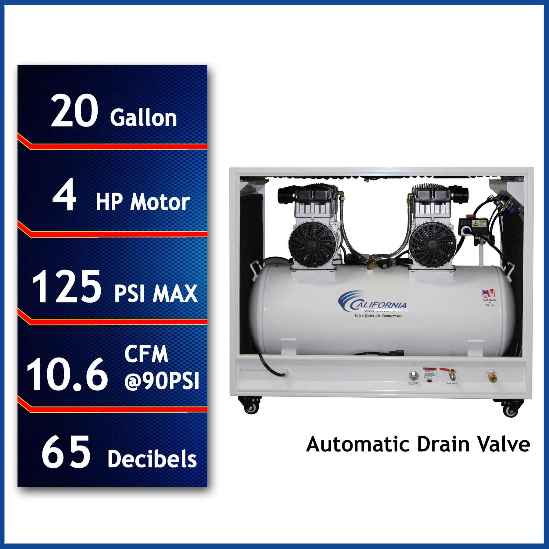 CALIFORNIA AIR TOOLS 20040SPCAD Ultra Quiet and Oil-Free 4.0 Hp Air Compressor in Sound Proof Cabinet with Auto Drain Valve